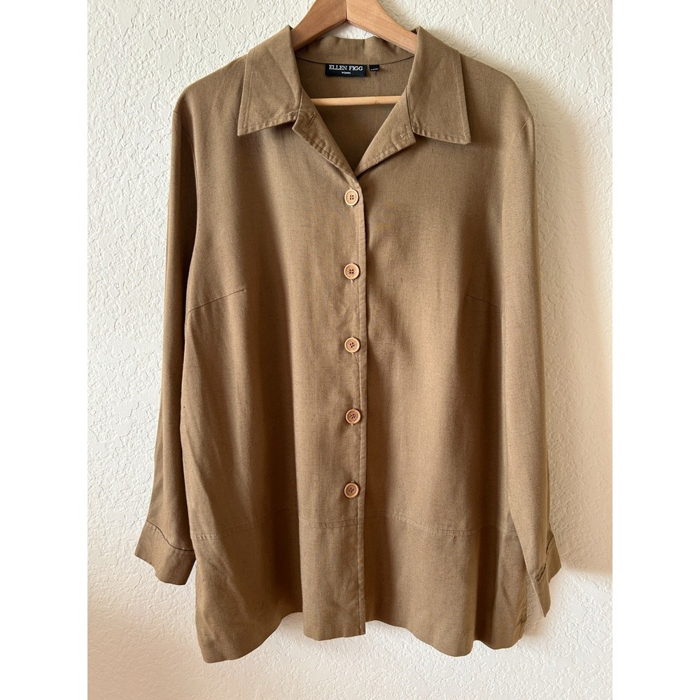 Ellen Figg Beige Tunic Top Button Up Beige Lagenlook Rayon Linen Blend Size 16W